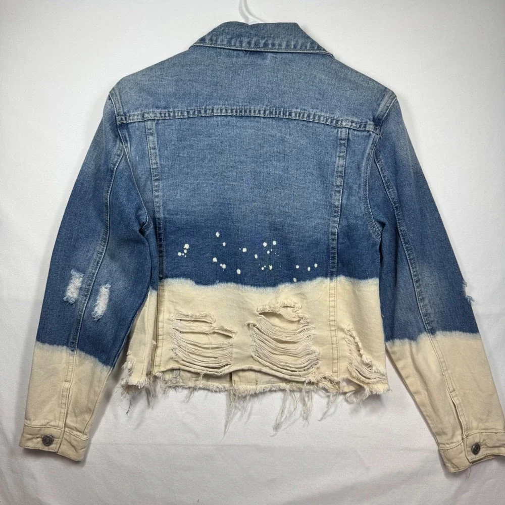 BBJ Los Angeles Denim Jacket‎ Blue White Distressed Cropped Jean Coat Sz Medium
